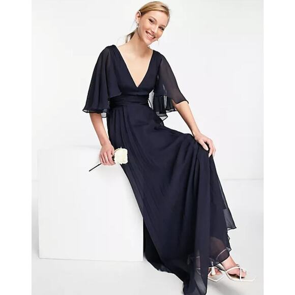 ASOS Bridesmaid Maxi Dress 8  Ruched Bodice Wrap Waist Flutter Sleeve Drape - Picture 2 of 16